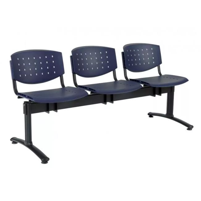 [AB010302] Layered 3-seater bench, black construction, dark plastic. blue