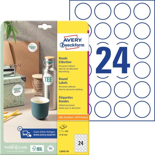 [AV341510] Labels universal round 40mm Avery A4 10 sheets