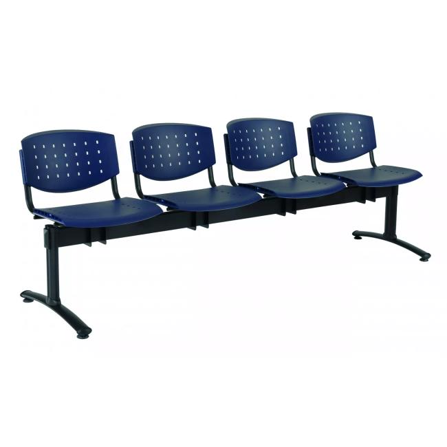 Layered 4-seater bench, black construction, dark plastic. blue