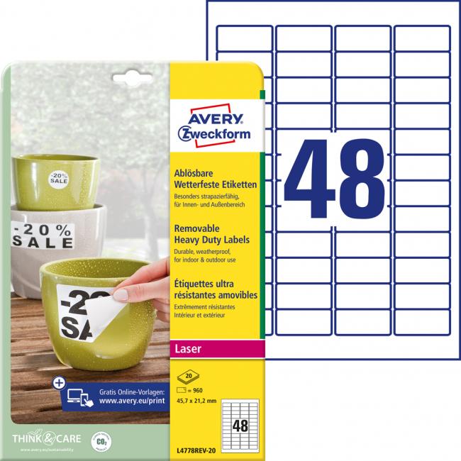 Very durable polyester labels 45.7x21.2mm Avery A4 white removable 20 sheets