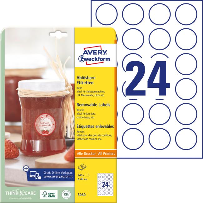 Round labels 40mm Avery 10 sheets white