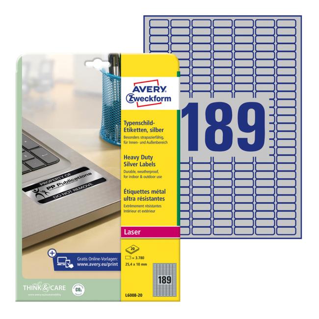 Very durable polyester labels 25.4x10mm Avery A4 silver 20 sheets