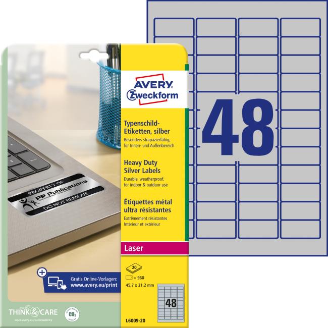 Very durable polyester labels 45.7x21.2mm Avery A4 silver 20 sheets