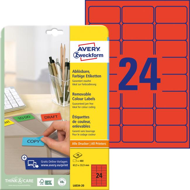 Avery removable labels 63.5x33.9 mm, red