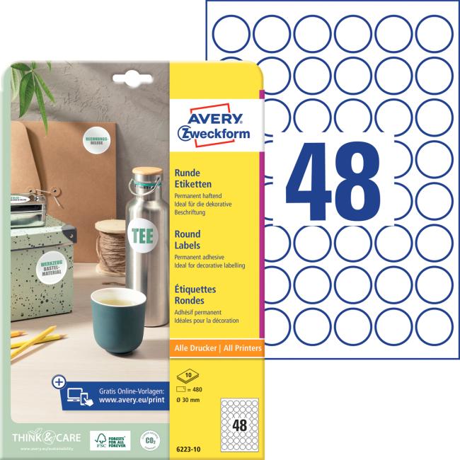 Labels universal round 30mm Avery A4 10 sheets