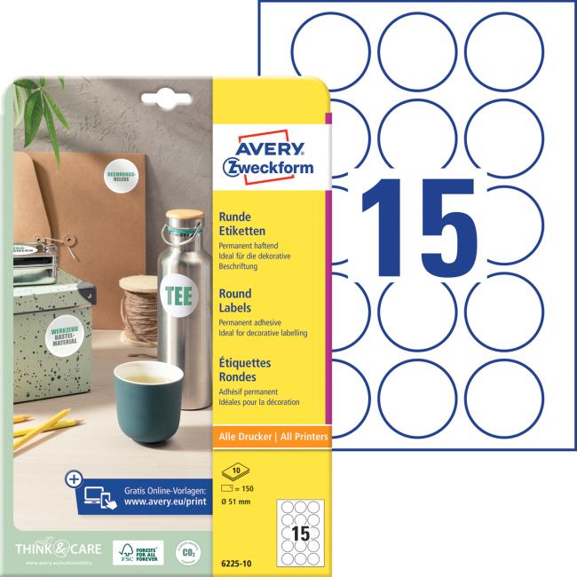 [AV622510] Labels universal circular 51mm Avery A4 10 sheets