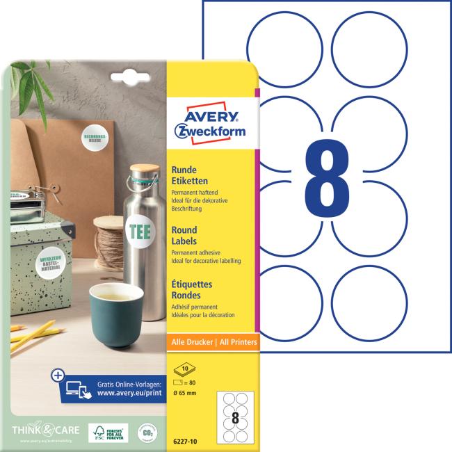 [AV622710] Labels universal circular 65mm Avery A4 10 sheets
