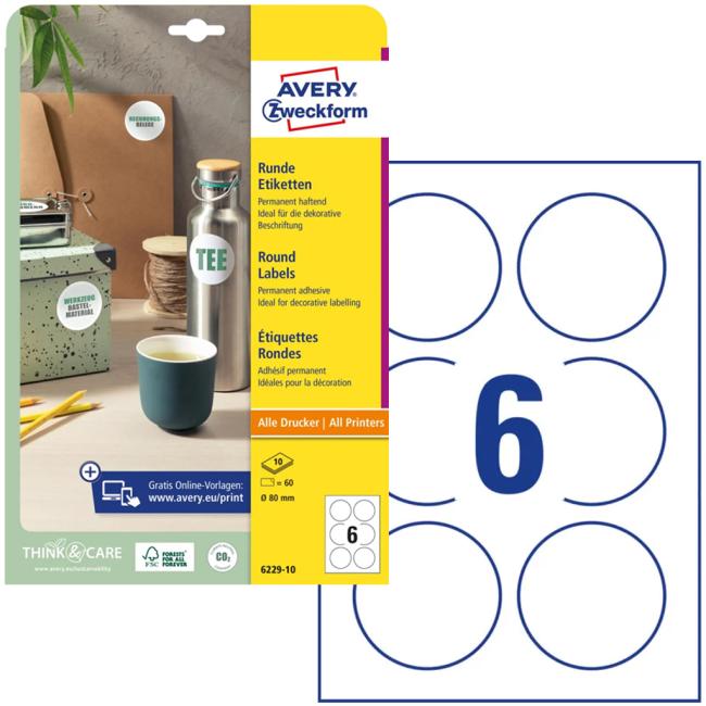 [AV622910] Universal circular labels 80mm Avery A4 10 sheets